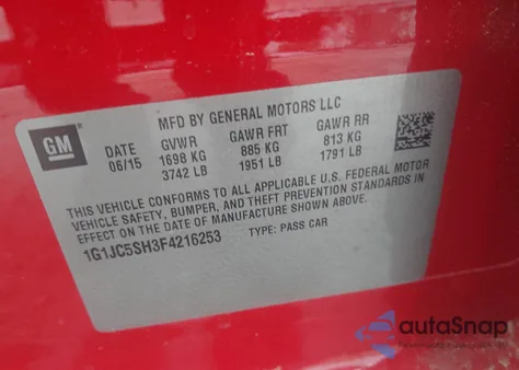 2015 Chevrolet Sonic Lt Auto z USA, uszkodzony, nr VIN 1G1JC5SH3F4216253